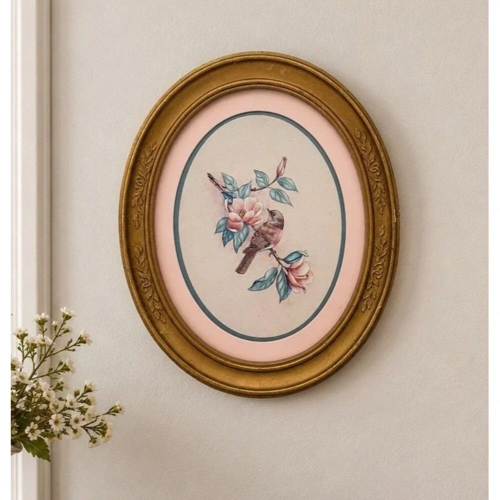 1983 HOMCO Kay Lamb Shannon Bird Magnolia Print Gold Oval Vintage Frame #3254